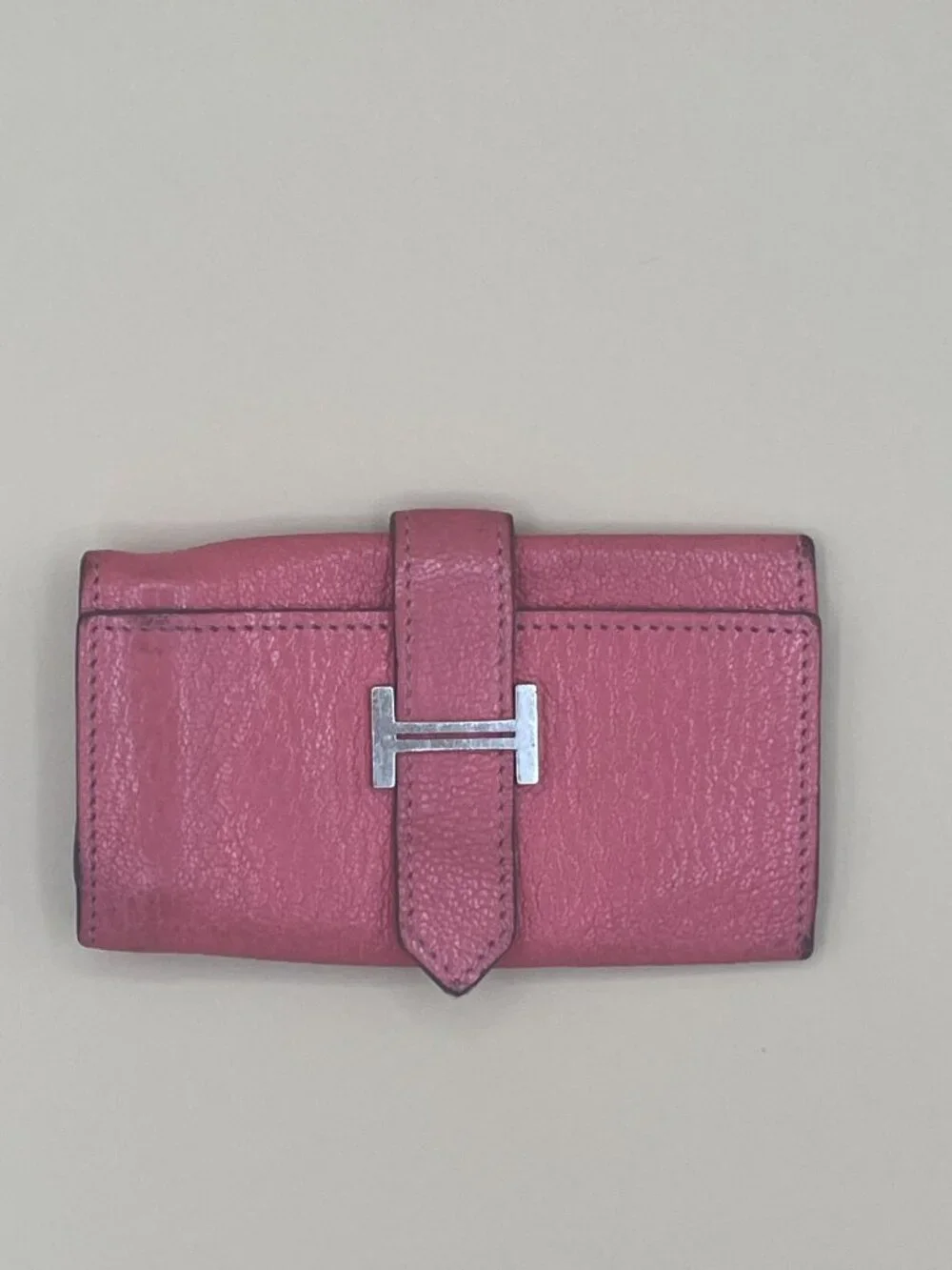 Hermes Bearn Key Case Holder Pink Rose Epsom Leather Silver H Clasp Made in Fran